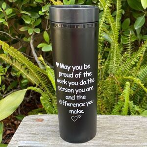 NWOT New Black Travel Mug/Tumbler w/Inspirational Quote Straw "Be Proud of You."